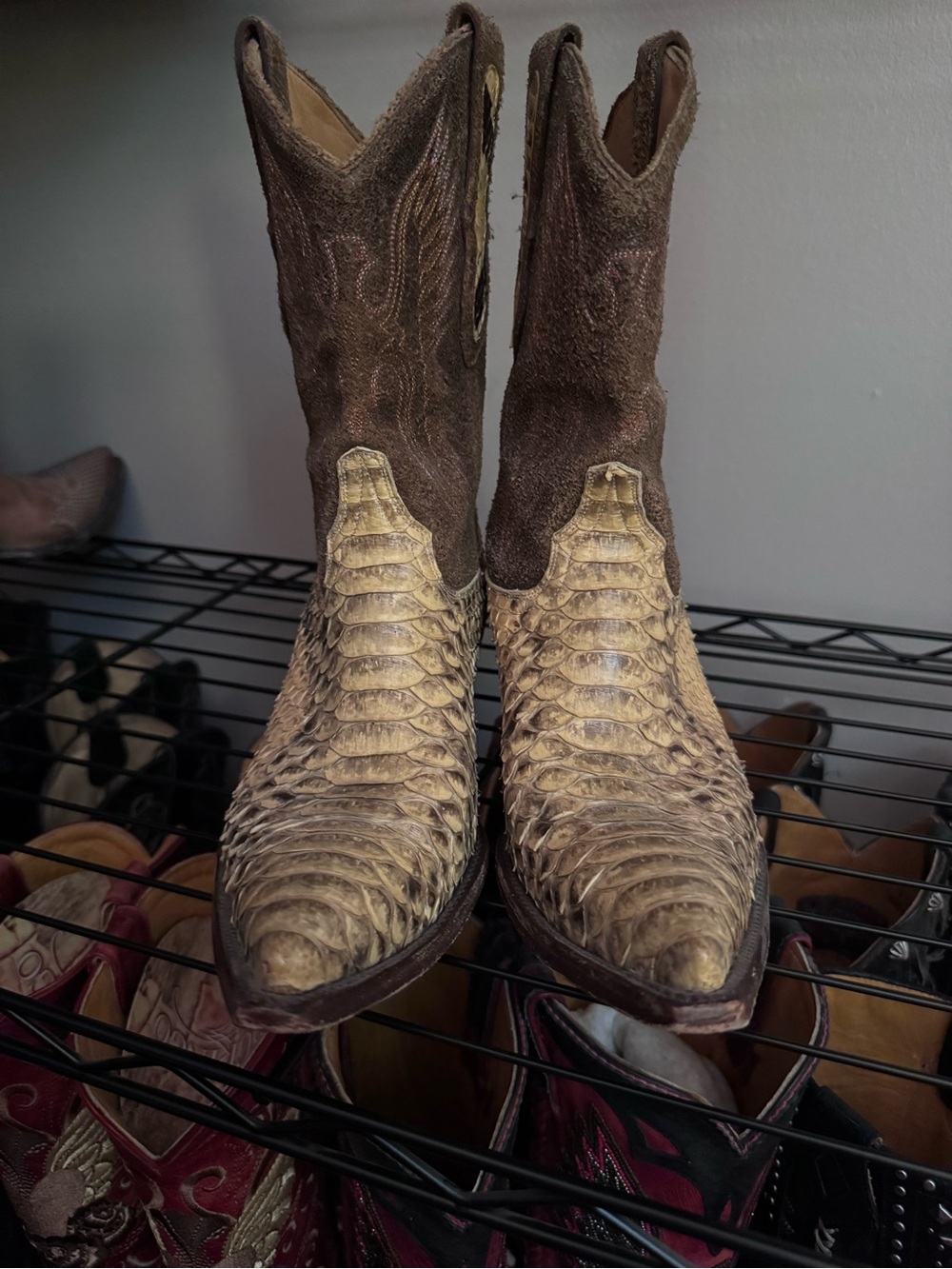 Exotic Textured Two-Tone Western Boots - Brown and Cream